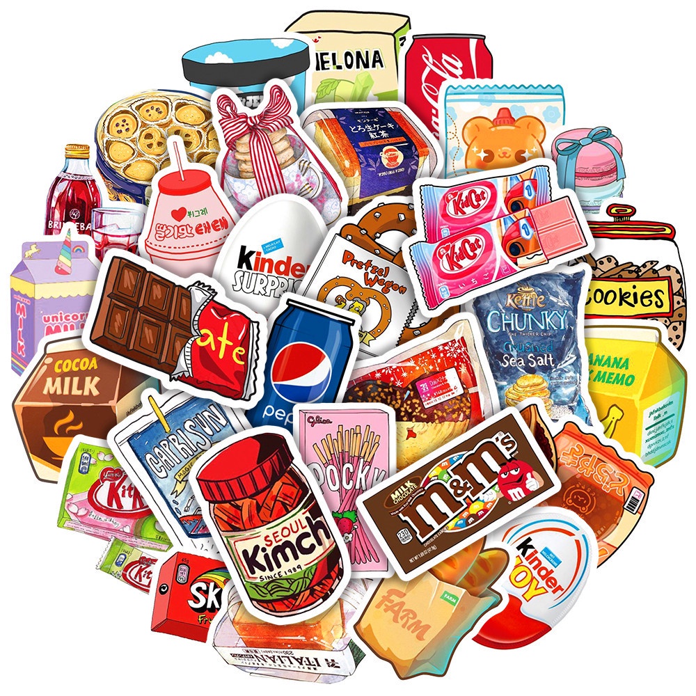 Set 50 chiếc sticker chống thấm nước ĐỒ ĂN VẶT DỄ THƯƠNG dùng dán mũ bảo hiểm laptop xe máy đàn guitar vali bình nước