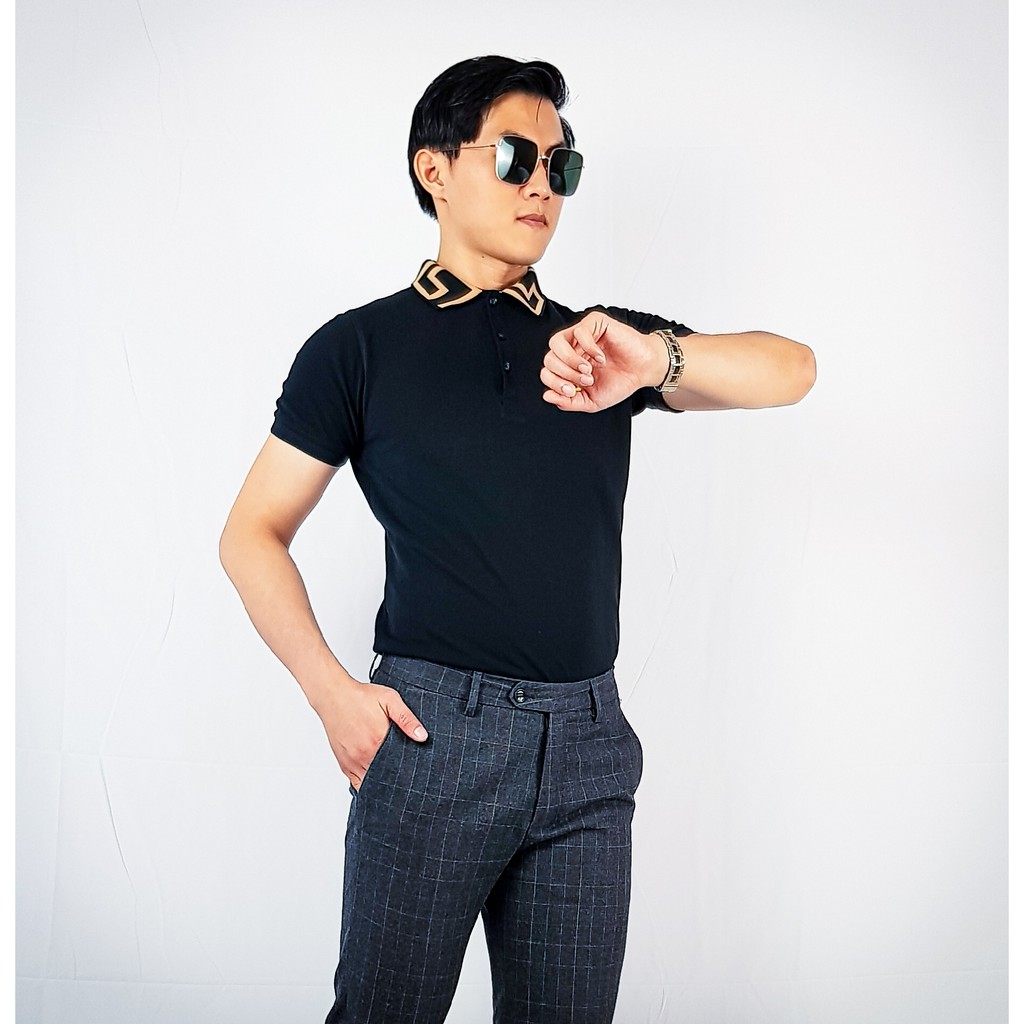 Áo thun polo cổ bẻ đen phối vải cá sấu cotton xuất xịn, chuẩn form, sang trọng, trẻ trung và tinh tế - HQPOLO