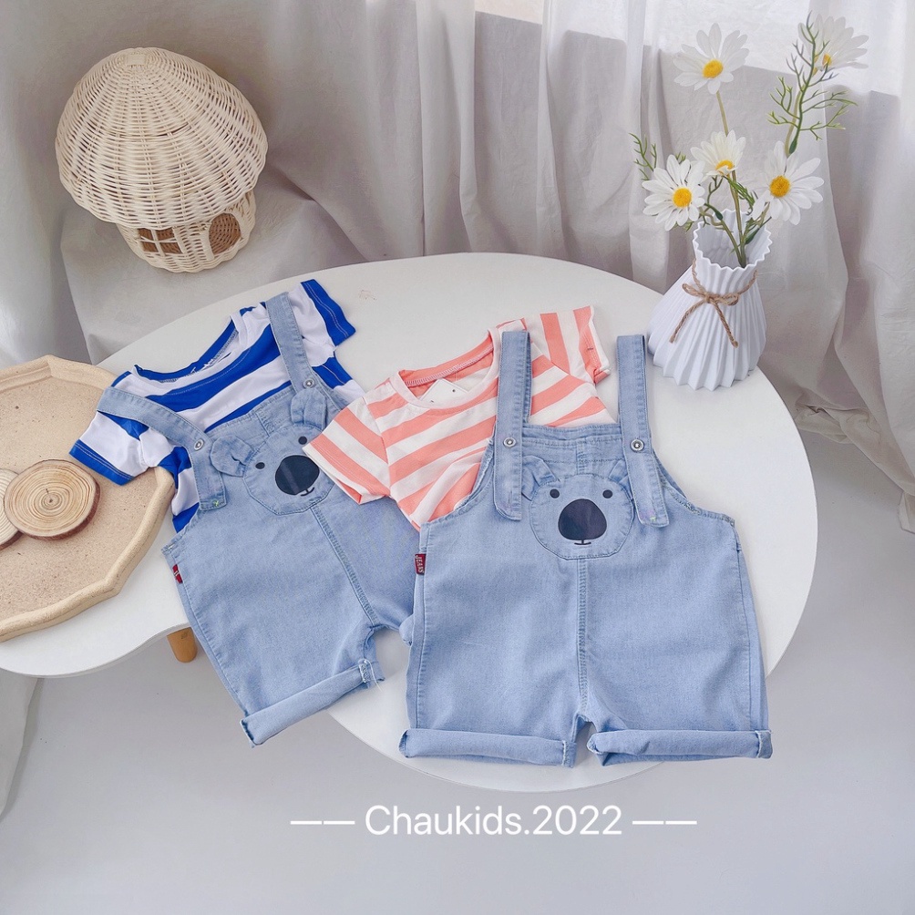 Sét yếm quần kèm áo thun bé trai, yếm bò mũi đen kèm áo kẻ cho bé