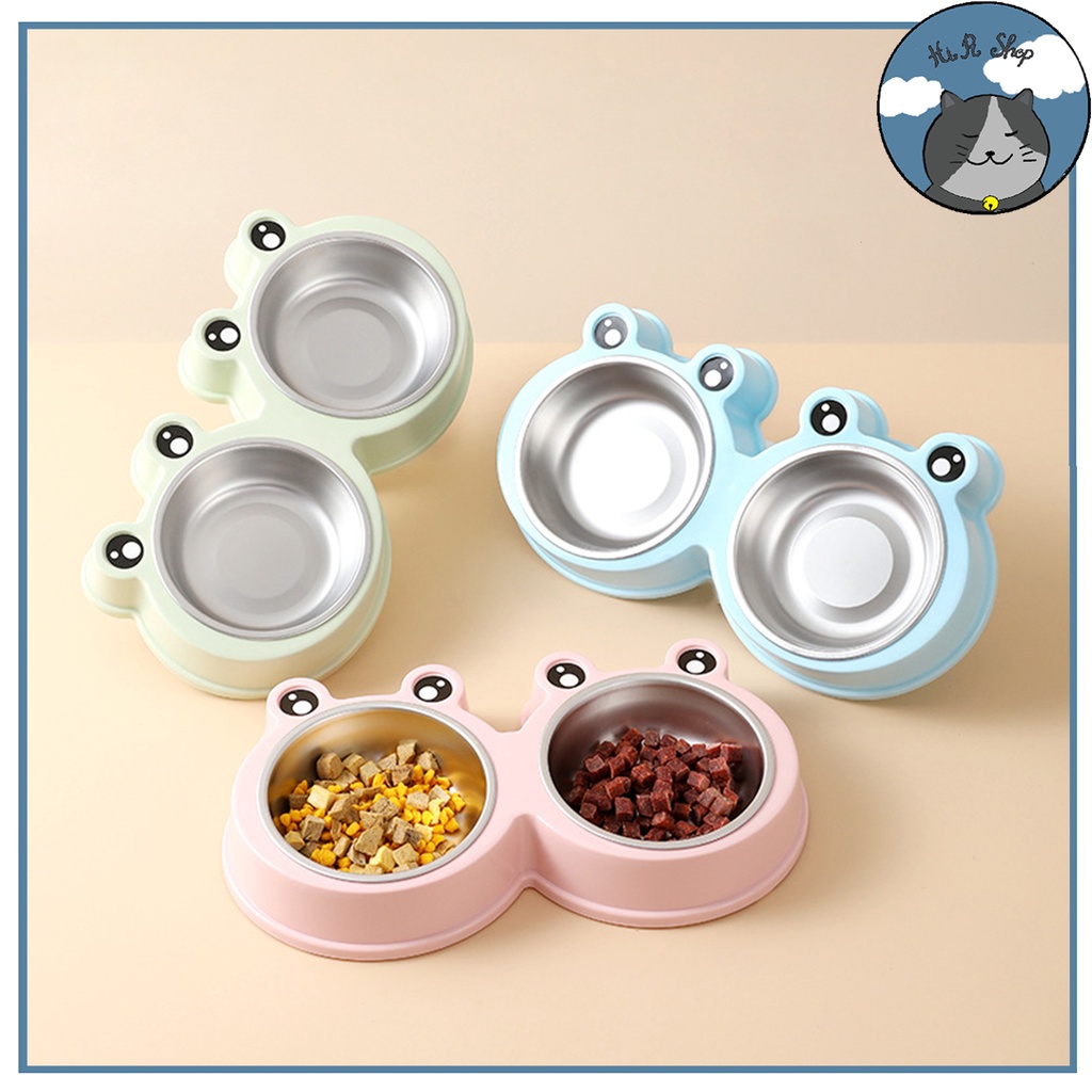 (Size Đại) Bát Ăn Hai Ngăn Hình Ếch Ngộ Nghĩnh Cho Thú Cưng Bát Đôi Chất liệu Inox Thép Không Rỉ Dành Cho Chó Mèo