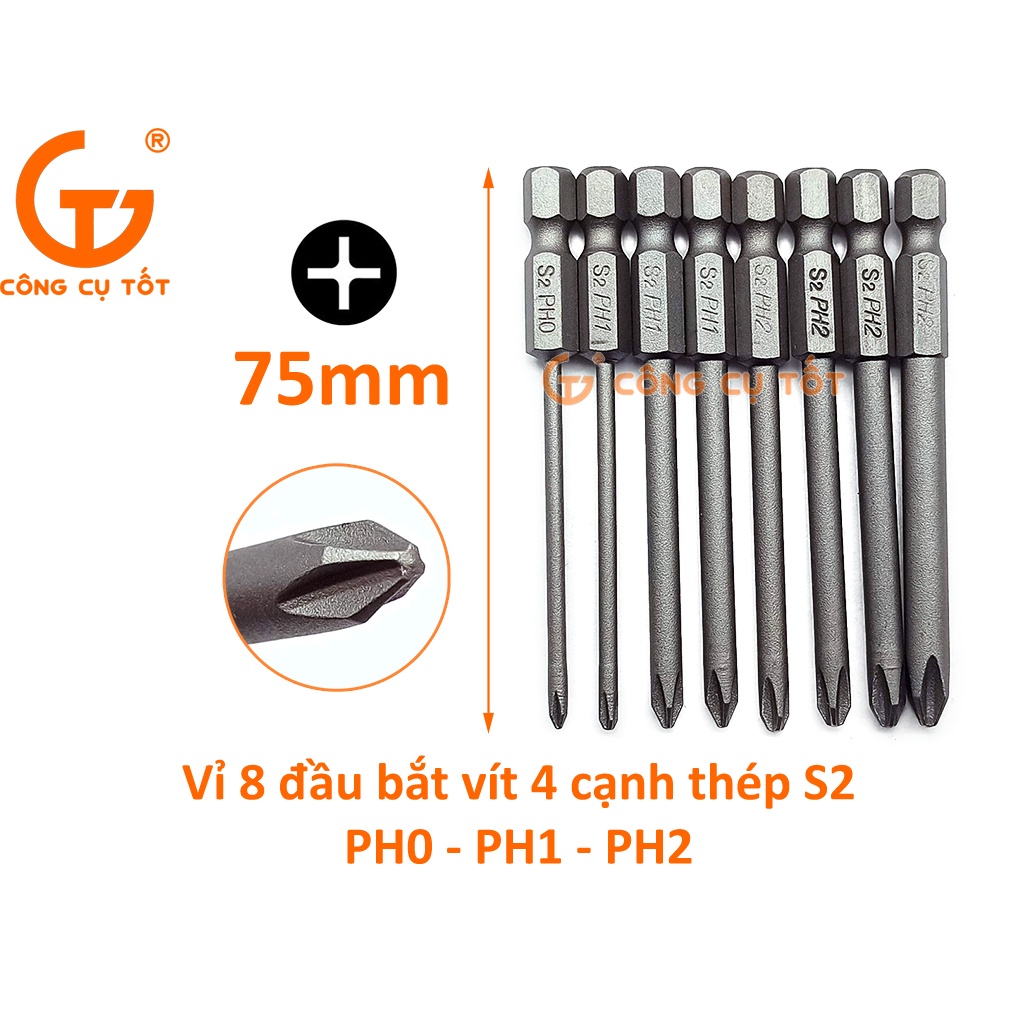 Vỉ 8 đầu bắt vít 4 cạnh chuôi lục thép S2 PH0 - PH2 dài 75mm