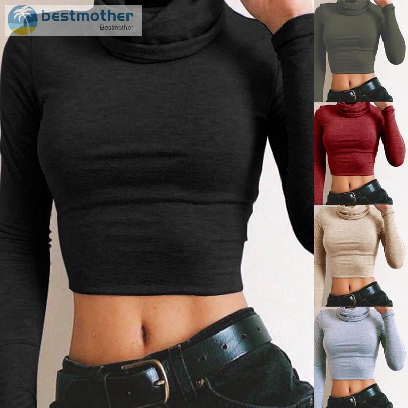 Áo Croptop tay dài cổ lọ thiết kế ôm sát tôn dáng