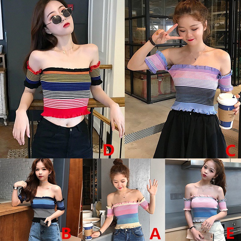 [Baywellfashion]Áo crop top trễ vai phối họa tiết sọc ngang quyến rũ trẻ trung dành cho nữ