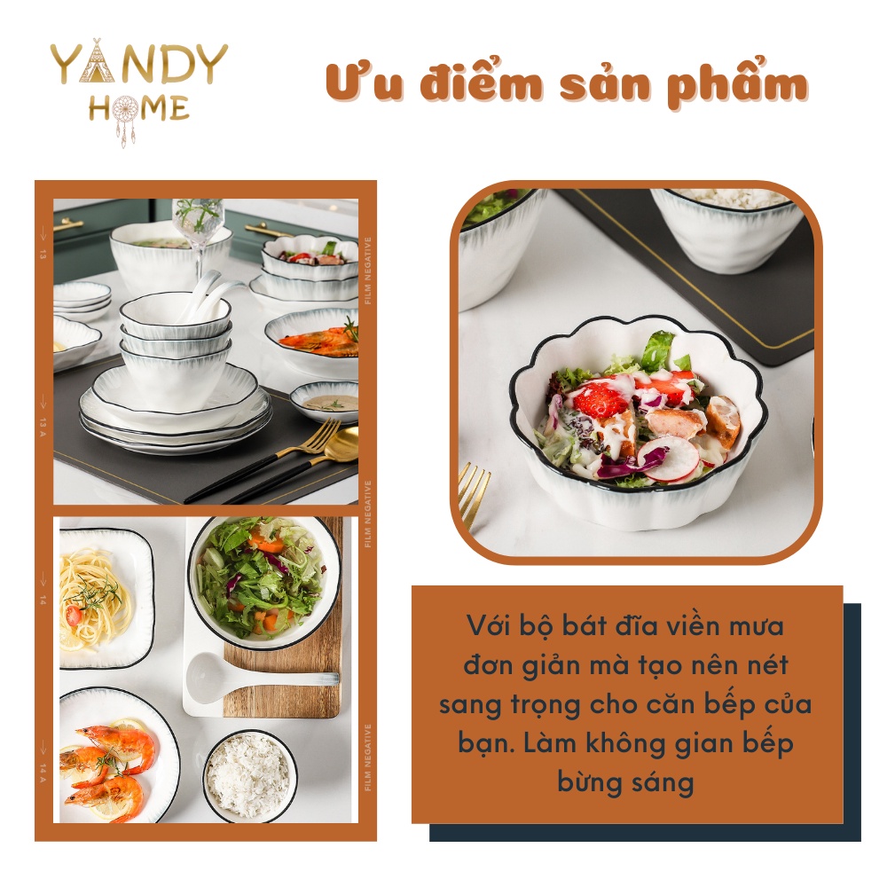 Bát đĩa tô chén gốm sứ YANDY HOME BB15 chất men cao cấp trắng đen viền mưa sang trọng siêu dày dặn