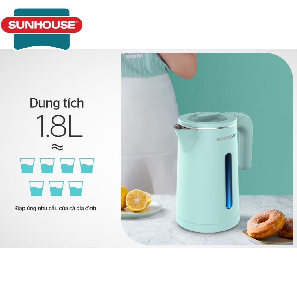 Bình đun nước siêu tốc Sunhouse chính hãng SHD1351 - Ấm siêu tốc inox 2 lớp, dung tích 1,8 lit , bảo hành 12 tháng