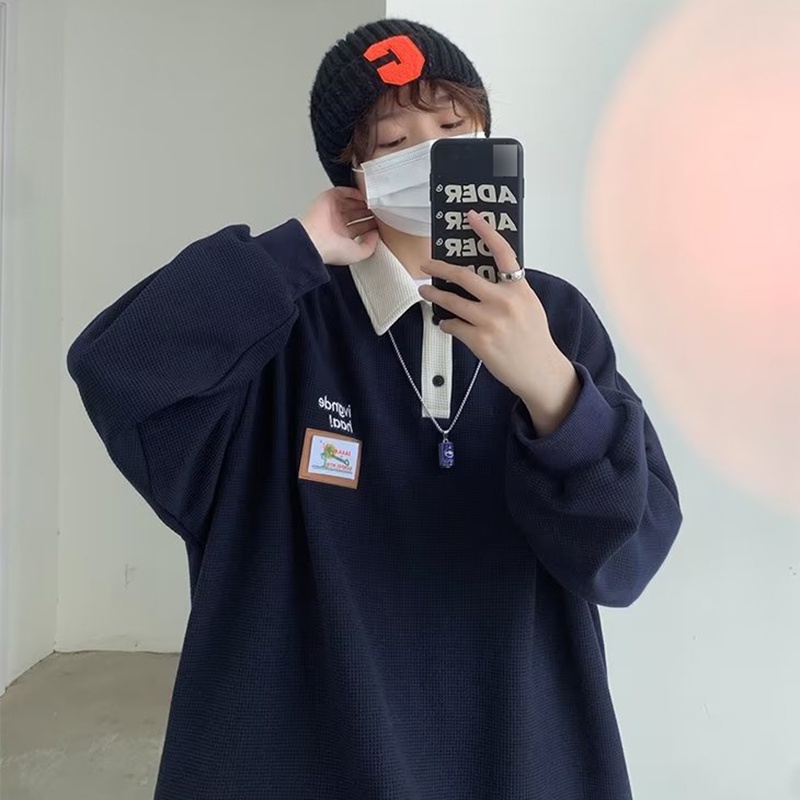 Ielgy Áo Sweater polo Dáng Rộng Cổ Bẻ Phong Cách Nhật Bản Cho Nam