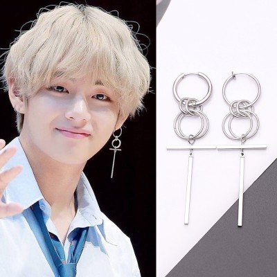 Bông tai BTS Kim Tae Hung v cùng bông tai bông tai nam phóng đại hip hop hình học titan thép dài bông tai