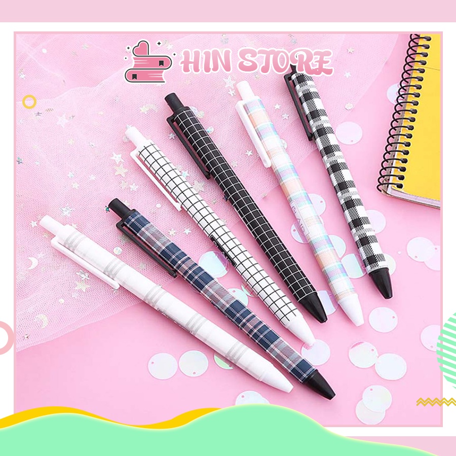 Bút Bi Nước Mực Gel Đen Dạng Bấm HIN B28 Ngòi 0.5mm Kiểu Vải Kẻ Sọc Cute , Văn Phòng Phẩm, Đồ Dùng Học Tập Dễ Thương