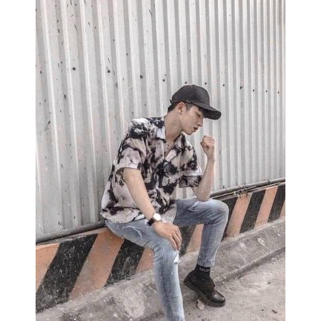 Áo sơ mi loang màu tay lỡ nam nữ