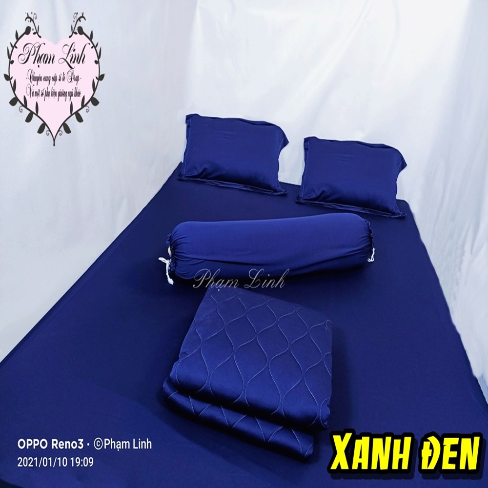 [Bộ 5 món] Bộ Drap-Ga trải giường và mền chần bông thun lạnh 4 chiều màu trơn [Xanh đen, Xanh cổ vịt]