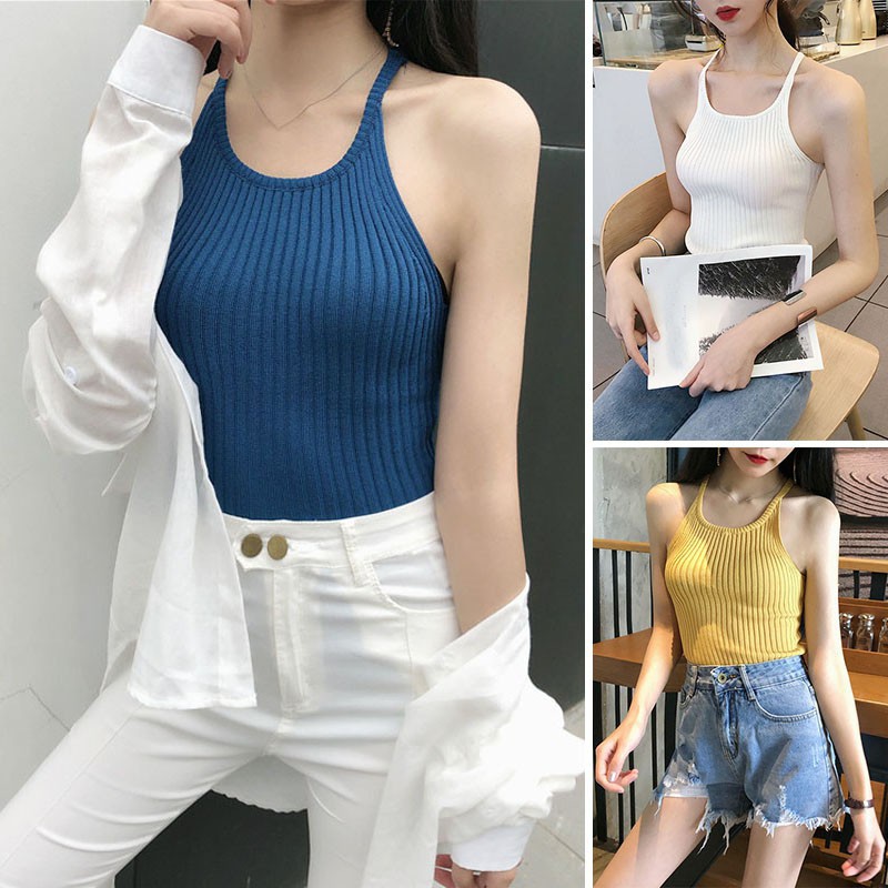 Áo hai dây dệt kim màu trơn ôm sát quyến rũ