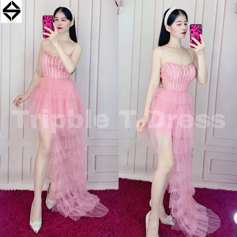 Đầm jum xoè xếp tầng đi tiệc cúp lưới nhũ lấp lánh kết đá sang trọng TRIPBLE T DRESS - size M/L -MS366V