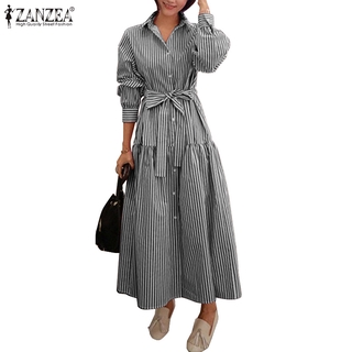 Đầm nữ zanzea dài tay cổ bẻ họa tiết kẻ sọc thanh lịch thời trang hàn quốc