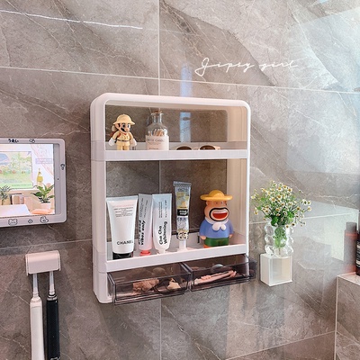Kệ đựng mỹ phẩm treo tường nhà tắm không cần đục lỗ, Giá nhựa, hộp lưu trữ treo tường thiết kế hiện đại tiện dụng