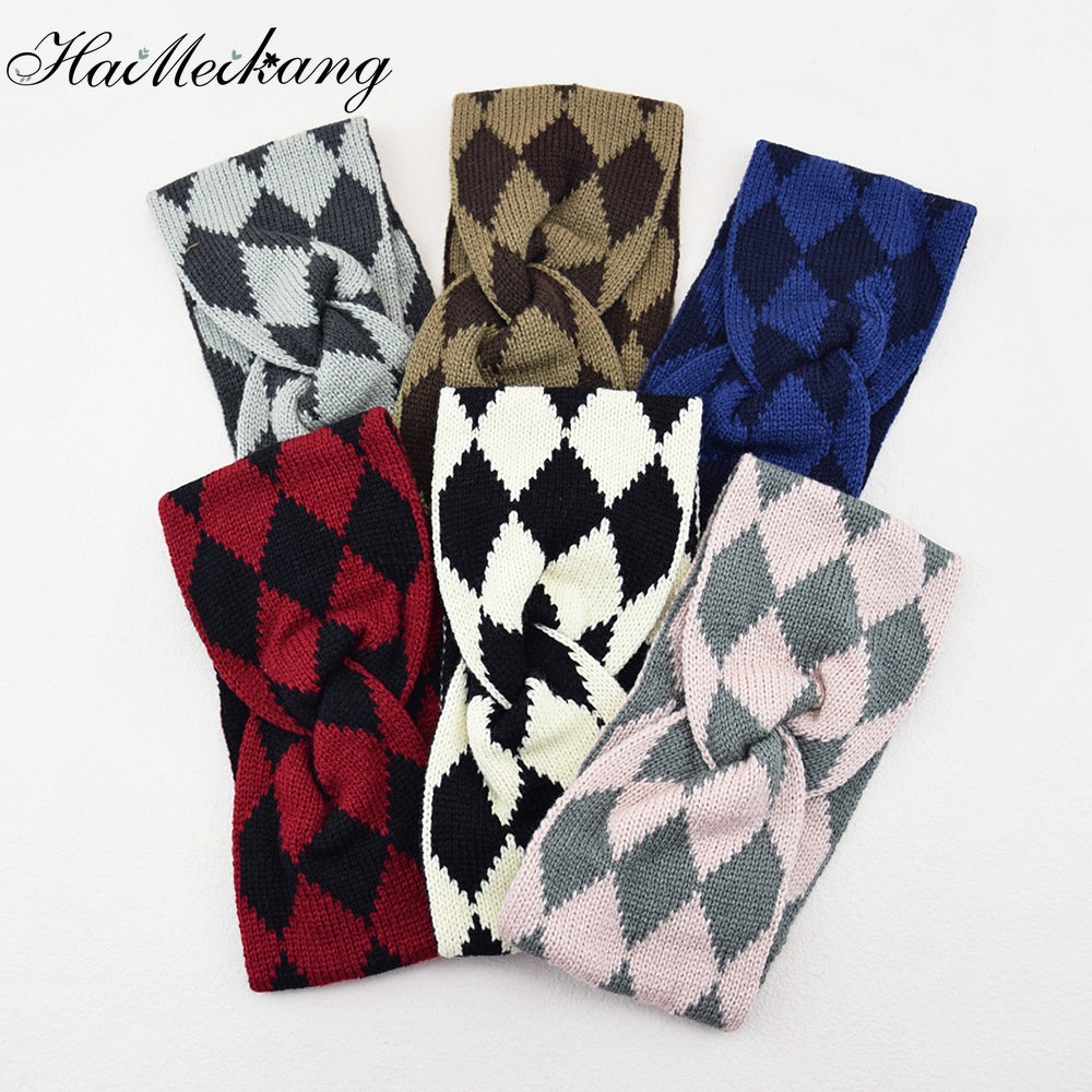 Băng đô HAIMEIKANG len dệt kim họa tiết sọc hình thoi thời trang thủ công