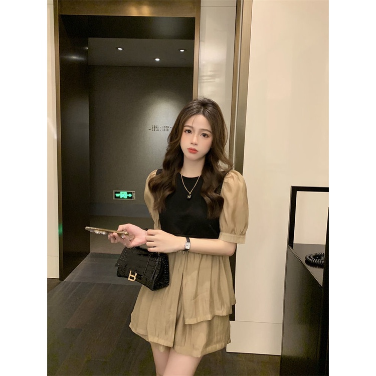 QOEDDV Áo Sơ Mi Ngắn Tay Giả Hai Lớp + Quần short Ống Rộng Thời Trang Pháp Cổ Điển Cho Nữ
