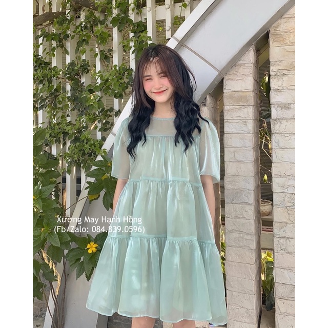 Váy babydoll Ulzzang voan 2 lớp, váy trắng cổ tròn dáng xòe