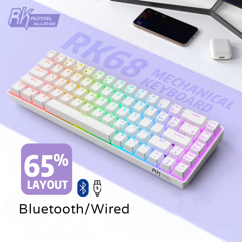 RK68 Mechanical Gaming Keyboard Bluetooth Wireless/USB Wired Bàn phím chơi game cơ học Bluetooth không dây / USB có dây 65% Compact Design 68 Keys RGB Backlight Hot Swappable Red/Brown/Blue Switch Keyboard Ergonomic