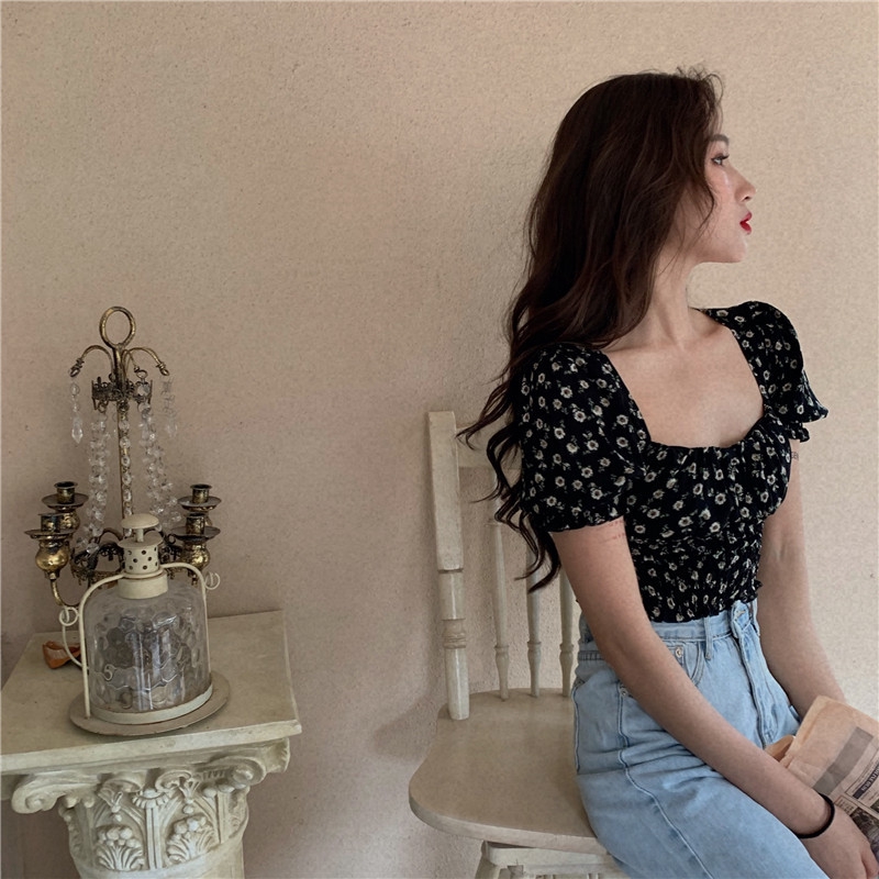 Áo Sơ Mi Chiffon Tay Lửng Cổ Vuông In Họa Tiết Hoa Phong Cách Hàn Quốc Thời Trang Cho Nữ