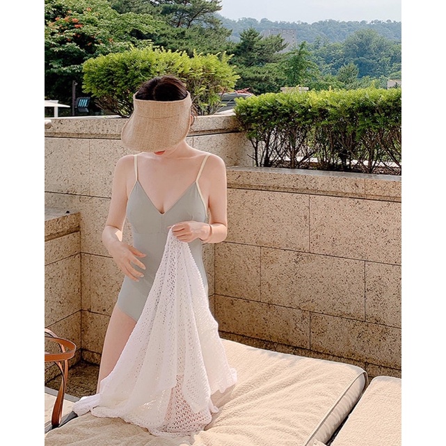 Bikini đồ bơi nữ 1 mảnh liền thân 2 dây cổ V viền màu