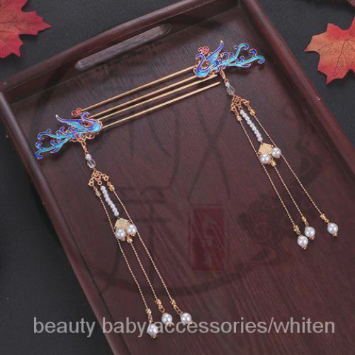 Kẹp tóc hình chim công xanh dương phối tua rua kiểu cổ điển phong cách Trung Hoa