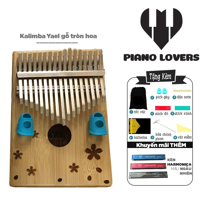 Đàn Kalimba 17 phím Gỗ Mahogany Yael Gỗ Tròn Hoa Tặng Kèm Harmonica 24 Lỗ Màu Ngẫu Nhiên - HÀNG CÓ SẴN