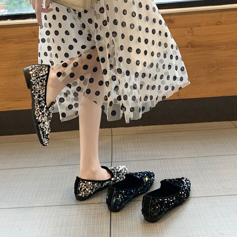 Giày Búp Bê Mũi Nhọn Đính Kim Sa Phong Cách Hàn Quốc Mới Cho Nữ