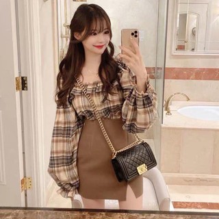 Set áo sơ mi nữ kèm quần váy nâu thanh lịch nữ tính