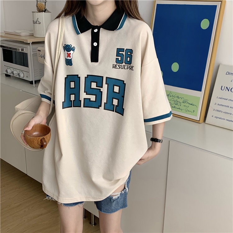 Áo polo Tay Ngắn Dáng Rộng In Chữ Phong Cách Retro Thời Trang Mùa Hè Cho Nữ