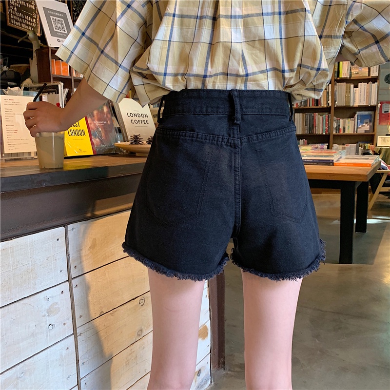 Quần đùi denim IHKKE màu đen lưng cao thời trang dành cho nữ