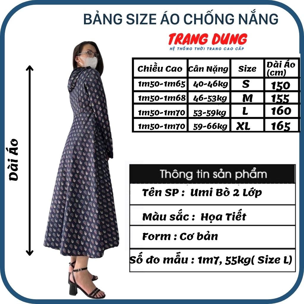 Áo Chống Nắng Toàn Thân Nữ Trang Dung Chất Vải Umi Bò Cao Cấp 2 Lớp Dạng Váy Dài Chùm Kín Chân Siêu Thoáng Mát