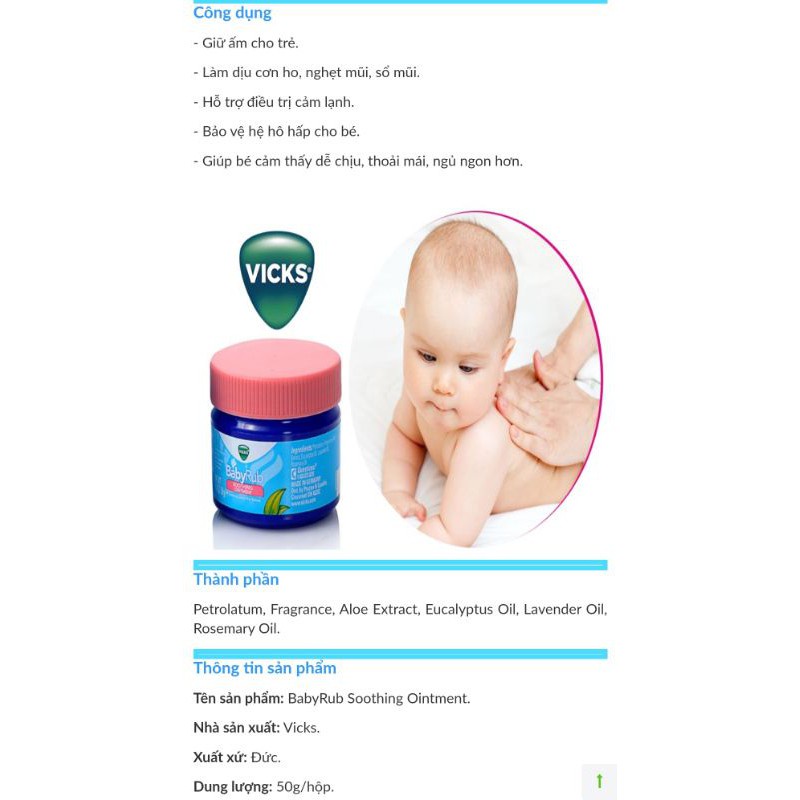 Dầu tràm cho bé Vicks Baby Balsam 50g - Bôi ngực chổng cảm, ho, ngạt mũi cho bé 3 đến 5 tháng tuổi