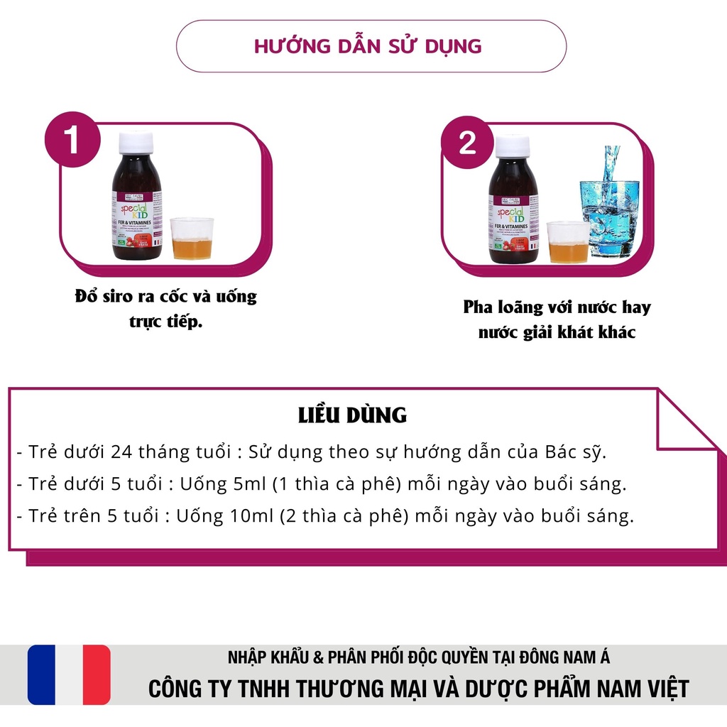 Siro giảm nguy cơ thiếu máu, bổ sung Sắt và Vitamin thiết yếu - Special Kid Fer &amp; Vitamine - 125ml [Eric Favre - Pháp]