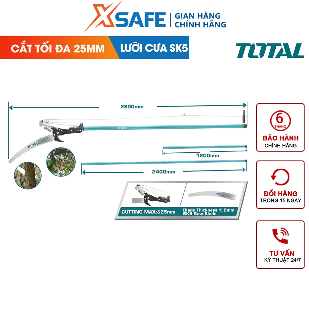 Cưa kéo cắt tỉa cây cảnh trên cao TOTAL THEPS25281 2.8m sơn phủ Teflon chống rỉ sét siêu bén, kéo cắt cây kiểng làm vườn