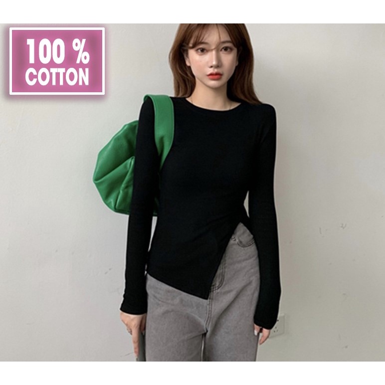 Áo thun croptop nữ tay dài sẻ gấu, ao crt ôm body phong cách Hàn Quốc chất cotton lụa màu đen trắng dưới 52 kg