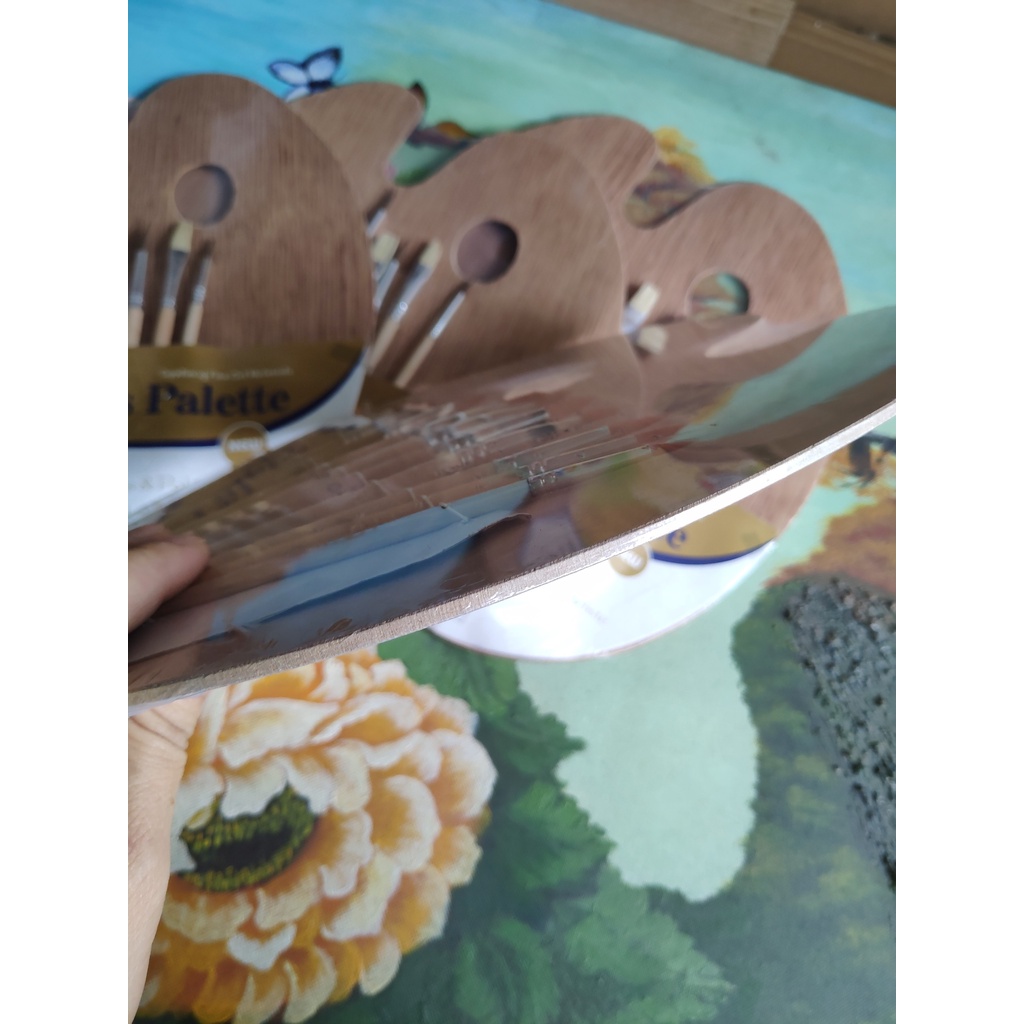 COMBO Khay Pha Màu Gỗ 25x30cm + 12 CỌ VẼ Keepsmilling ( Vẽ acrylic, màu dầu, màu nước)