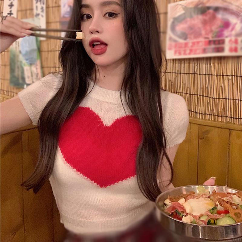 Áo Thun Dệt Kim Tay Ngắn Cổ Tròn In Hình Trái Tim Phong Cách Hàn Quốc Cho Nữ