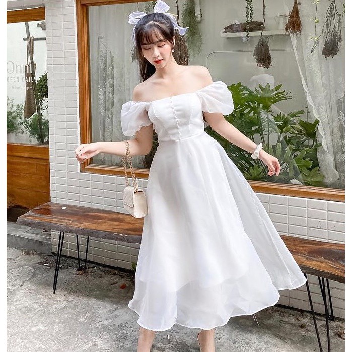 Đầm trắng cổ vuông tay bồng / Váy kỷ yếu voan tơ 2 lớp cúc ngọc