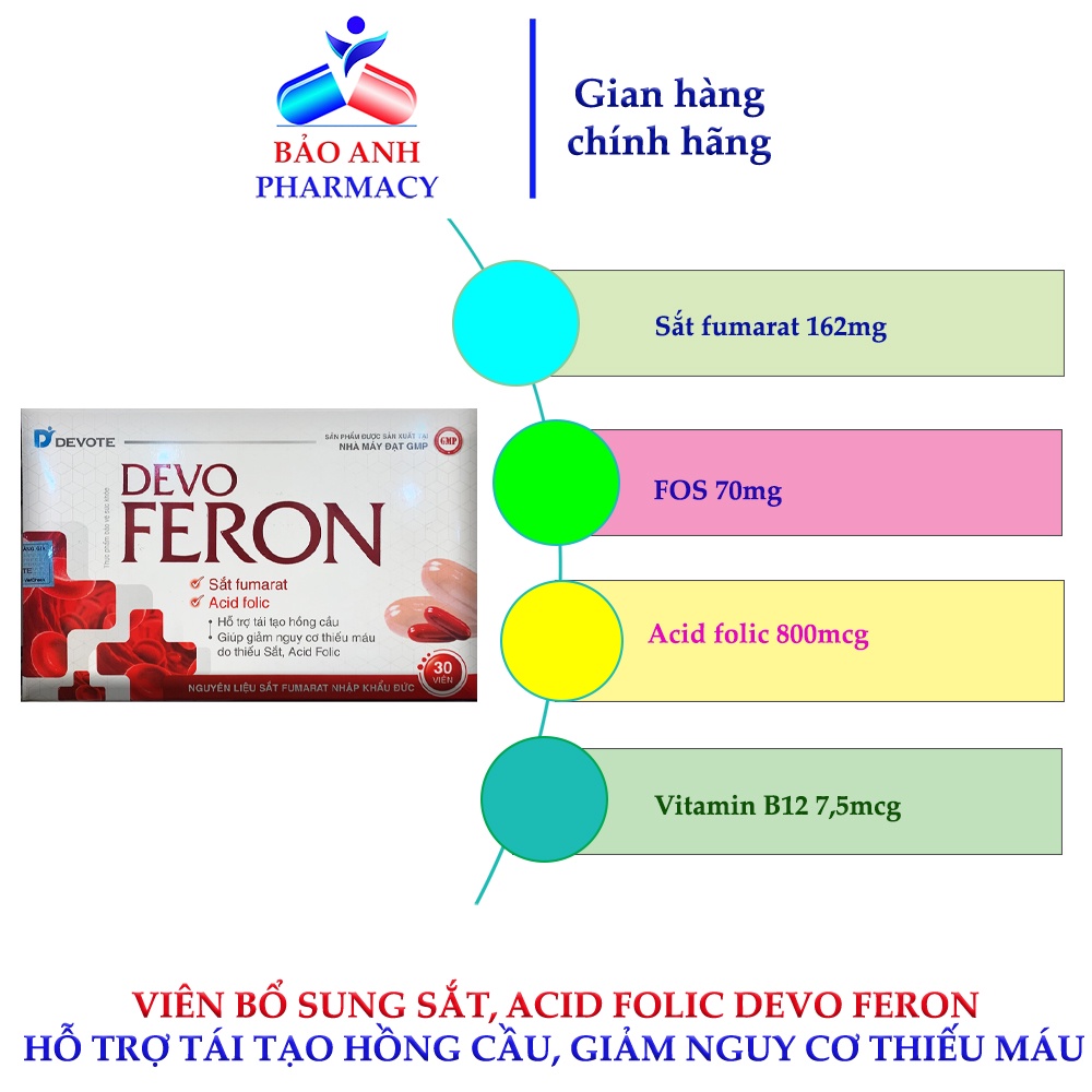 Viên uống bổ máu DEVO FERON – Bổ sung Sắt, Acid folic, Vitamin B12 hỗ trợ tái tạo hồng cẩu, giảm nguy cơ thiếu máu – H30