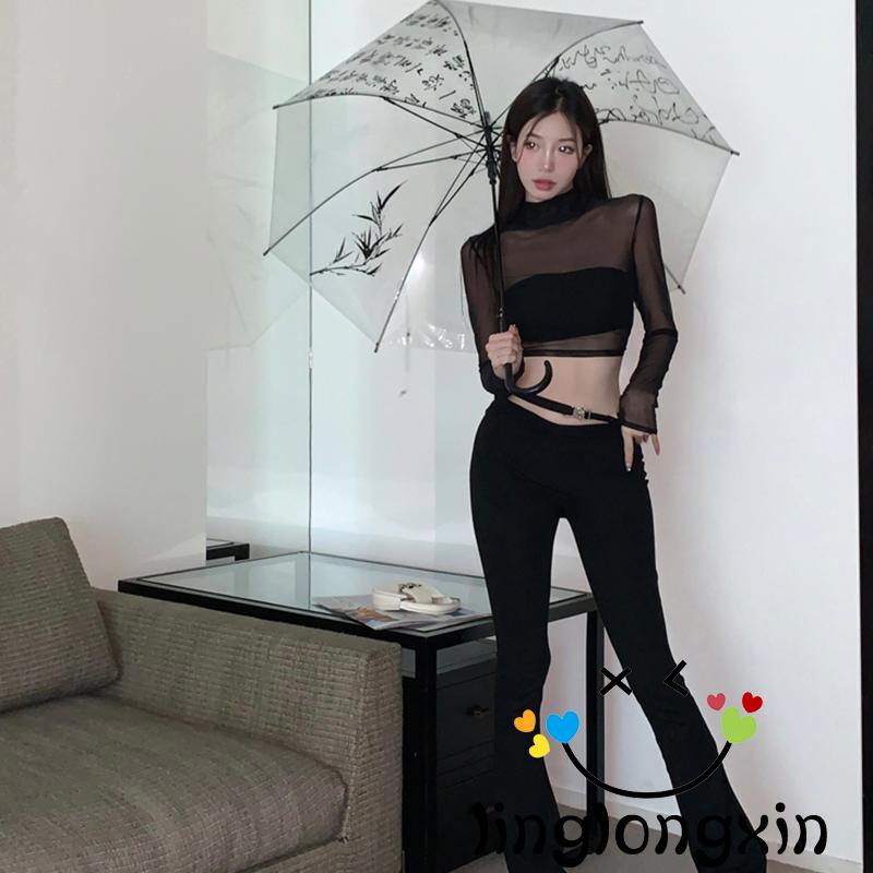 Áo Thun Crop Top Phối Lưới Màu Trơn Tay Dài Hở Lưng Thời Trang Đường Phố Cho Nữ Linglongxi2