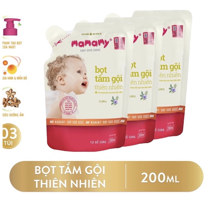 COMBO 3 TÚI BỌT TẮM GỘI MAMAMY 200ml hương floral