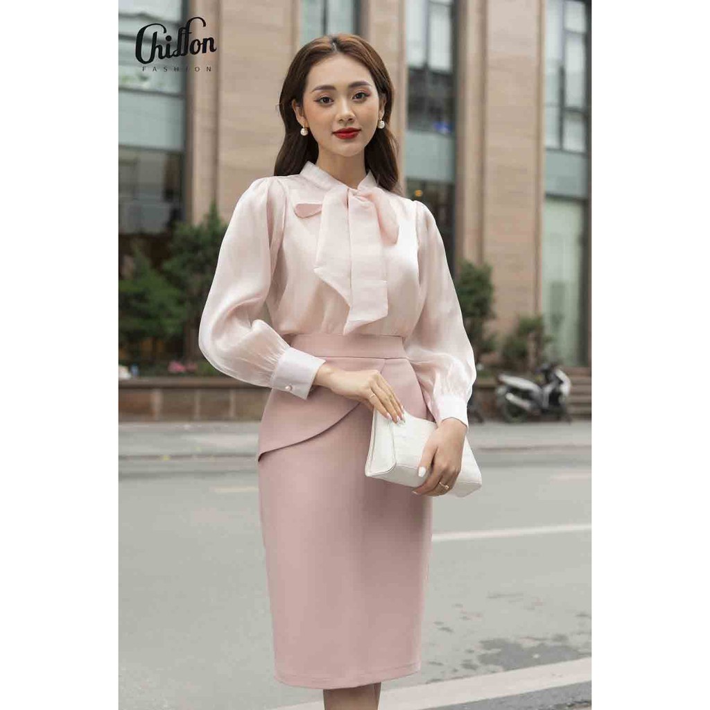 <Thiết kế mới Chiffon>_Áo sơ mi công sở dài tay thắt nơ chất liệu tơ organza không nhăn, thiết kế 2 lớp