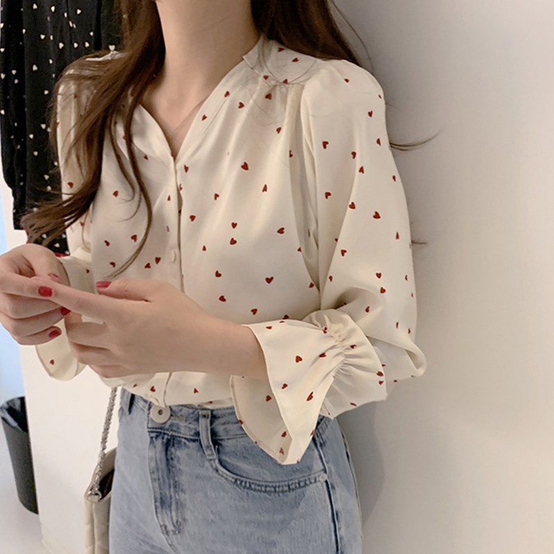 Áo sơ mi croptop tay dài phối ren hoa thiết kế cổ chữ V dành cho nữ
