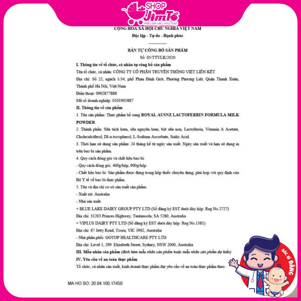 Sữa Bột Hoàng Gia Úc Royal AUSNZ Lactoferrin Formula Milk Powder Hộp 400g