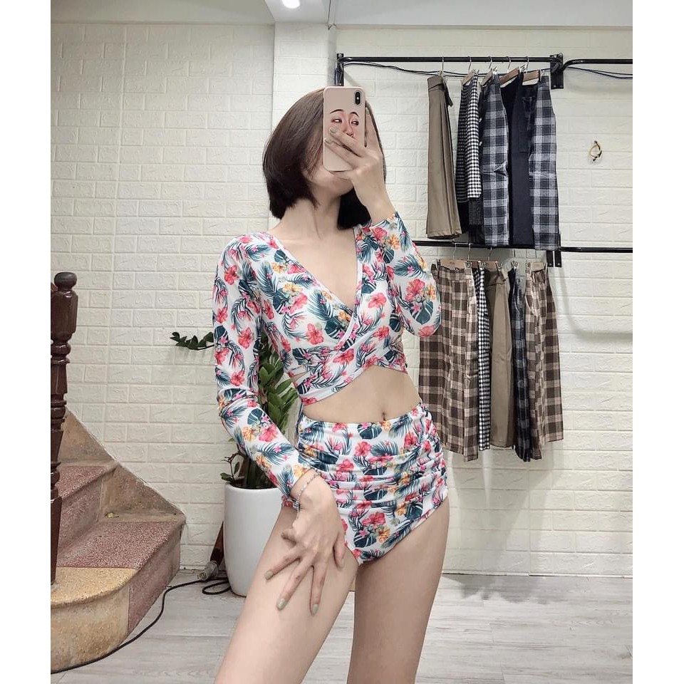Bikini, Đồ Bơi Đi Biển Hai Mảnh Áo Chéo Tay Dài Cạp Cao KG055