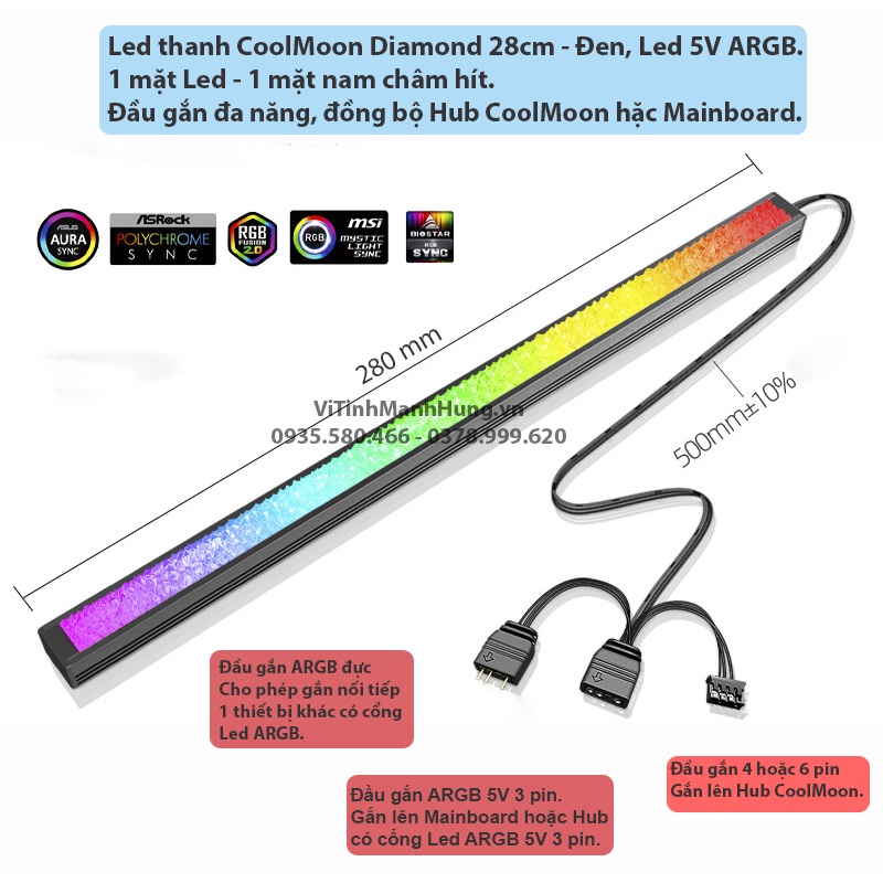 Led thanh CoolMoon ARGB 30 – 40cm, đồng bộ Mainboard / Hub CoolMoon.