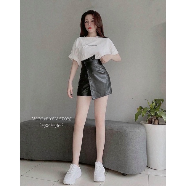 Chân váy da chữ a cạp chéo quần giả váy vạt chéo 3 cúc có khóa kéo sau lưng