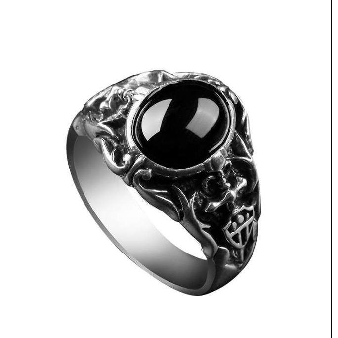 Nhẫn thép titan màu bạc nạm đá đen hình thánh giá phong cách punk cổ điển thời trang cho nam