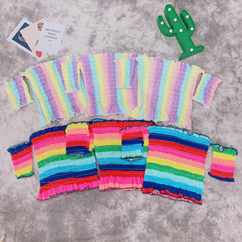ÁO VOAN CROPTOP ÔM BODY NGẮN CO GIÃN - ÁO KIỂU CRT ULZANG NGẮN TAY BẸT TRỄ VAI CẦU VỒNG RAINBOW 98