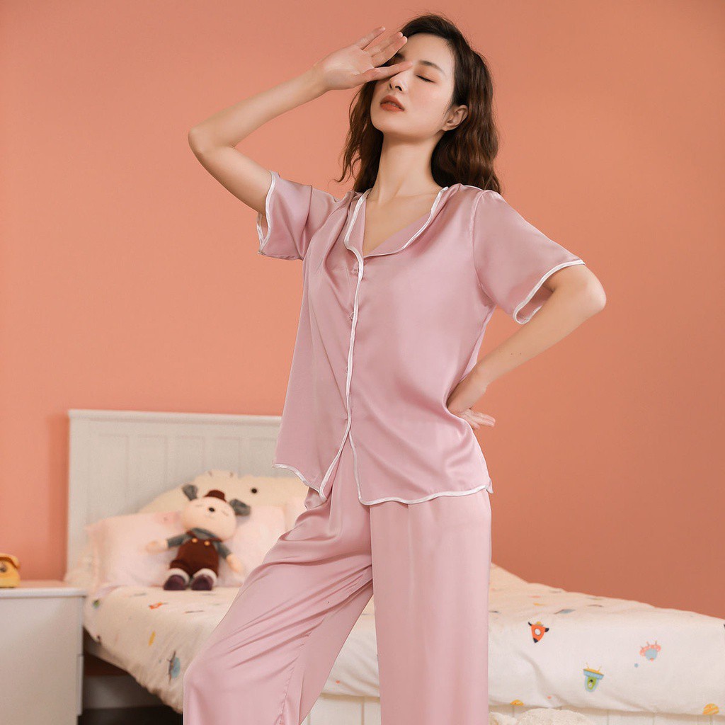 Bộ đồ ngủ tay ngắn vải lụa lạnh màu trơn thời trang mùa hè cho nữ